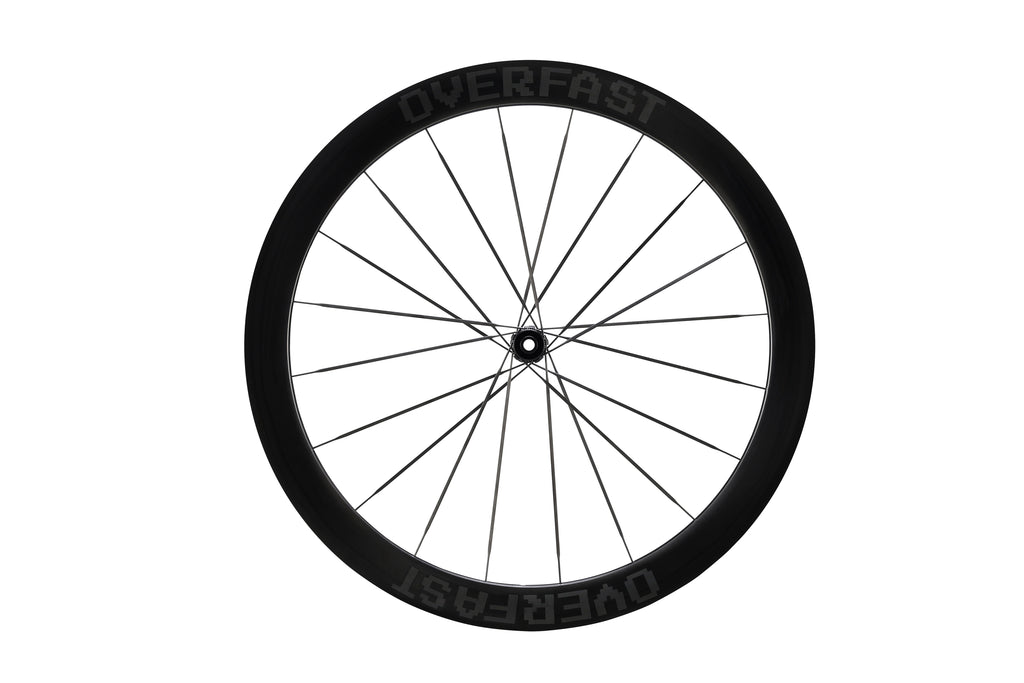 Black bicycle wheel with 'Overdrive' branding on a white background