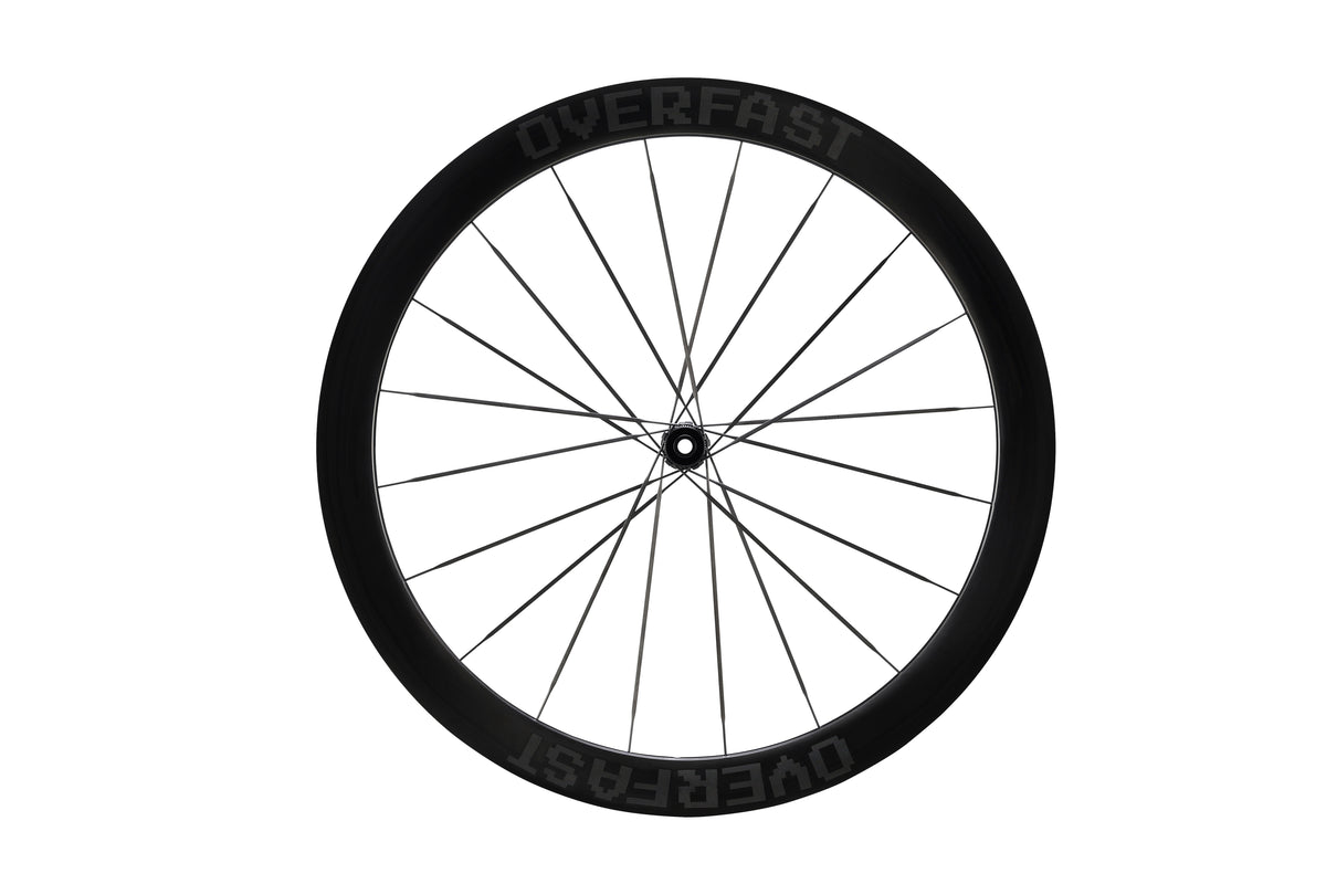 Black bicycle wheel with 'Overdrive' branding on a white background