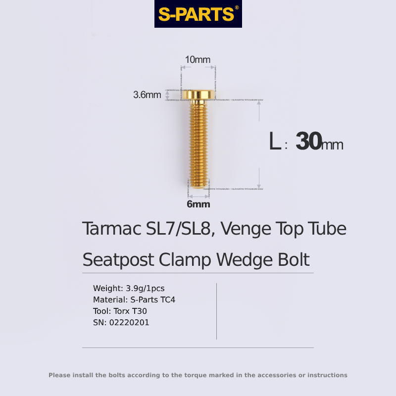 S-Parts Titanium Top Tube Clamp Wedge Seatpost Bolt - M6 x 30mm -  Compatible with Specialized Tarmac SL7 / SL8 / Venge