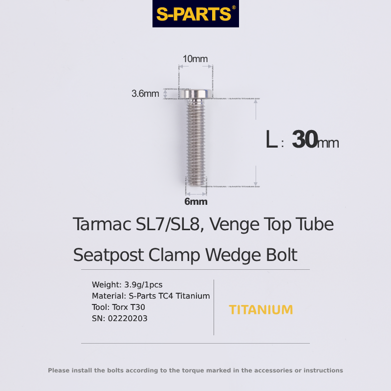 S-Parts Titanium Top Tube Clamp Wedge Seatpost Bolt - M6 x 30mm -  Compatible with Specialized Tarmac SL7 / SL8 / Venge