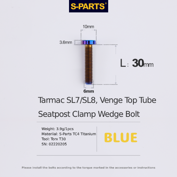 S-Parts Titanium Top Tube Clamp Wedge Seatpost Bolt - M6 x 30mm -  Compatible with Specialized Tarmac SL7 / SL8 / Venge