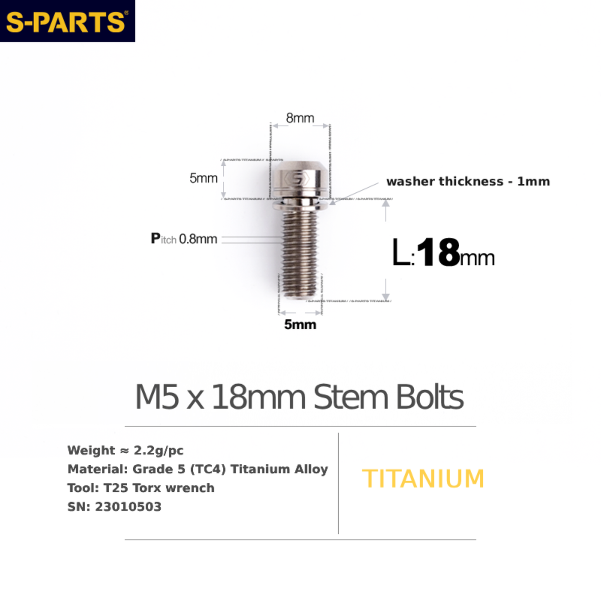 S-Parts Titanium Universal Titanium Stem Bolts M5 x 18mm Slimline Head