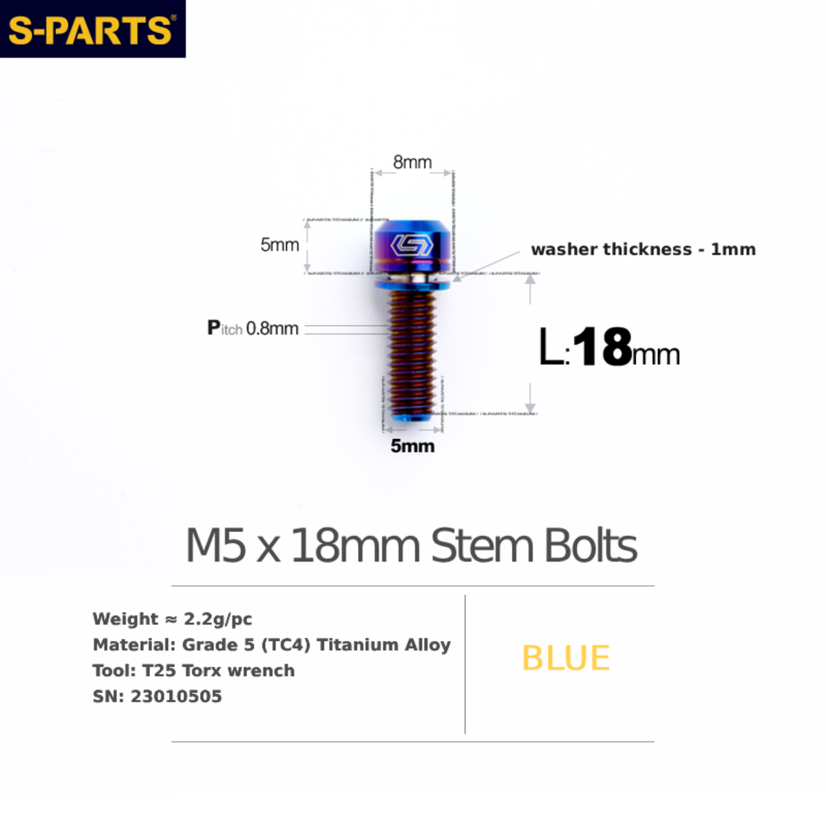 S-Parts Titanium Universal Titanium Stem Bolts M5 x 18mm Slimline Head