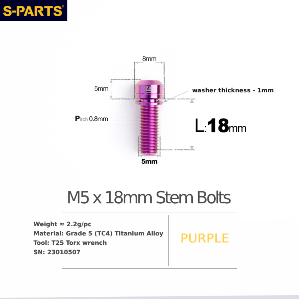 S-Parts Titanium Universal Titanium Stem Bolts M5 x 18mm Slimline Head