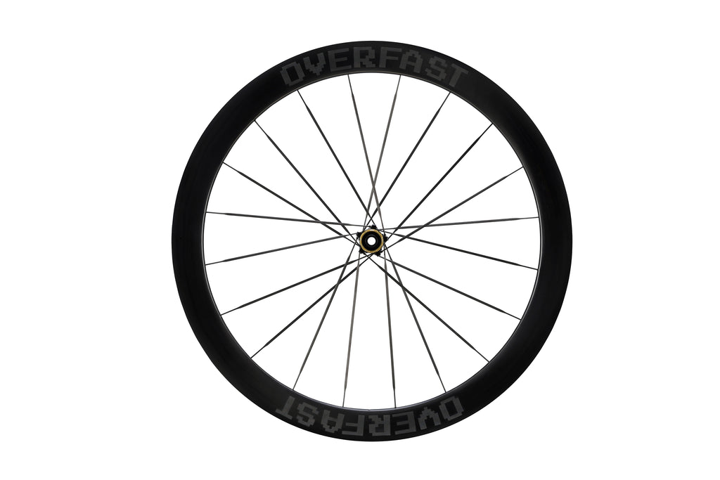 Cycling wheel with 'Overfast' branding on a white background