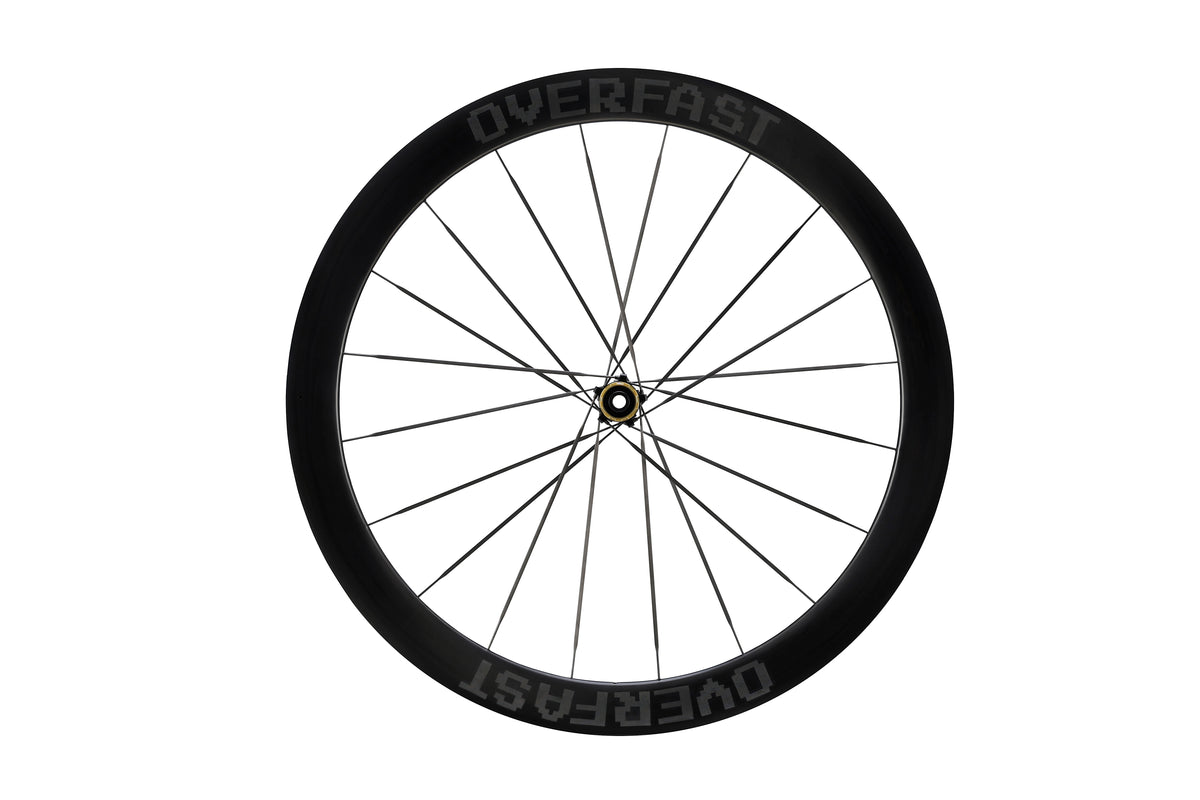 Cycling wheel with 'Overfast' branding on a white background