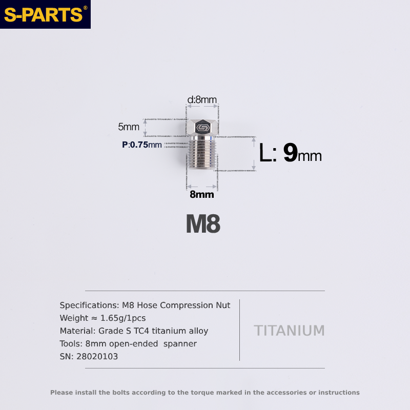 S-Parts Titanium M8 x 9mm Hose Compression Nut - Compatible with SHIMANO & Campagnolo