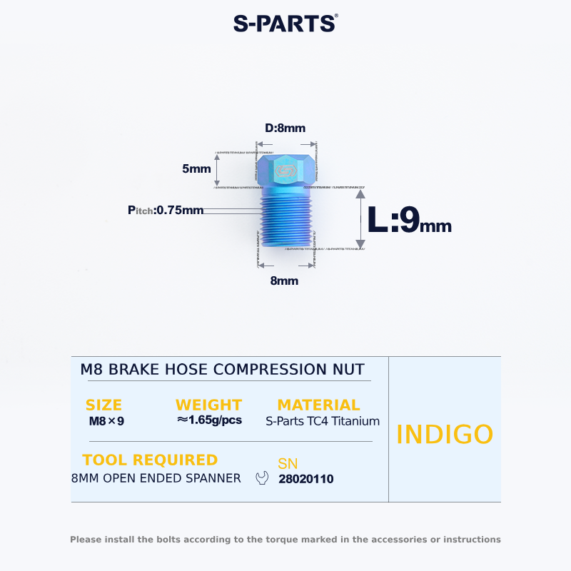 S-Parts Titanium M8 x 9mm Hose Compression Nut - Compatible with SHIMANO & Campagnolo