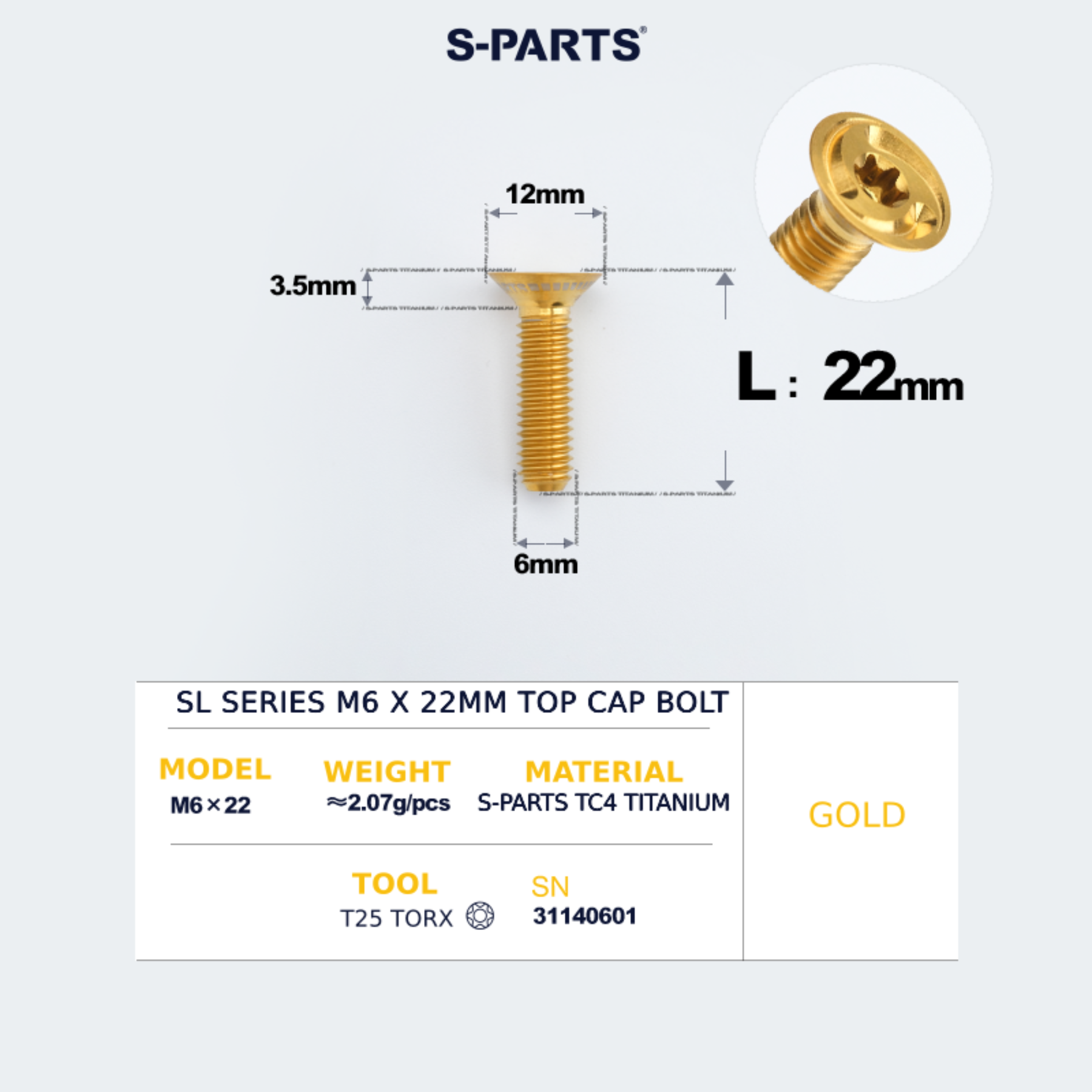 S-PARTS SL SERIES M6 x 22mm Countersunk Headset Top Cap Bolt