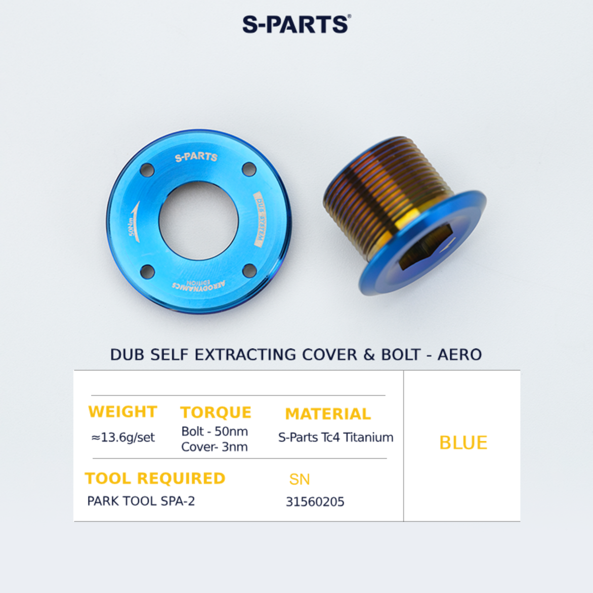 S-Parts Titanium SRAM DUB Self Extracting Crank Bolt & Cover - AERO VERSION - SRAM E1, D1 - RED / FORCE / RIVAL