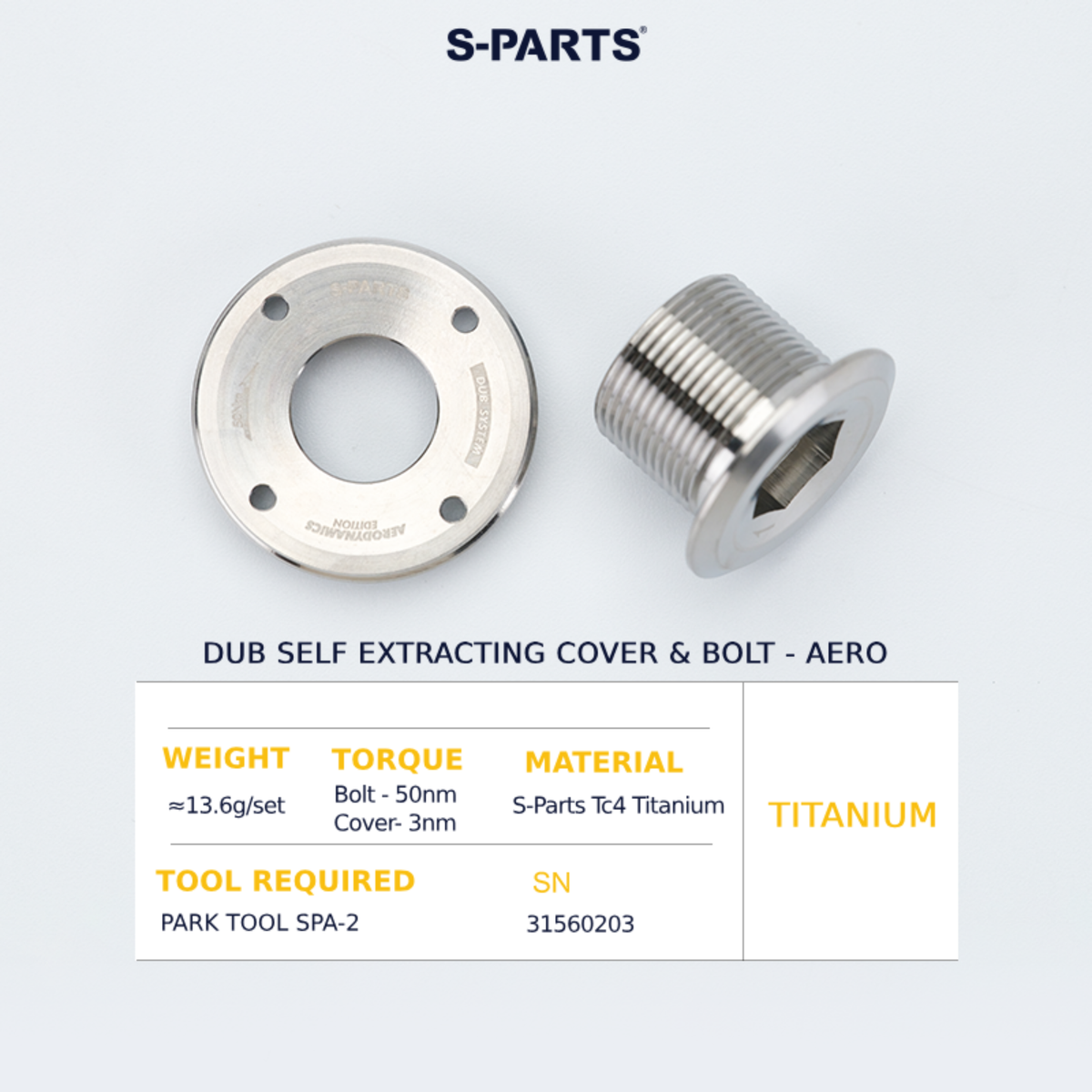 S-Parts Titanium SRAM DUB Self Extracting Crank Bolt & Cover - AERO VERSION - SRAM E1, D1 - RED / FORCE / RIVAL