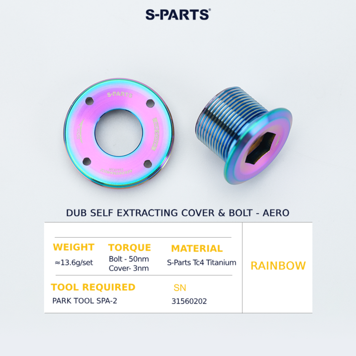 S-Parts Titanium SRAM DUB Self Extracting Crank Bolt & Cover - AERO VERSION - SRAM E1, D1 - RED / FORCE / RIVAL