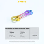 S-PARTS 3DAM universal hollow base for flat mount calipers, featuring a candy anodized titanium finish with a yellow, pink, purple, and blue gradient. Includes product specifications and installation instructions.