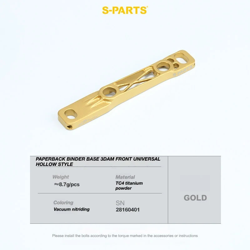 Gold-colored titanium paperback binder base for 3DAM front universal hollow style, shown on a white background with product specifications below.