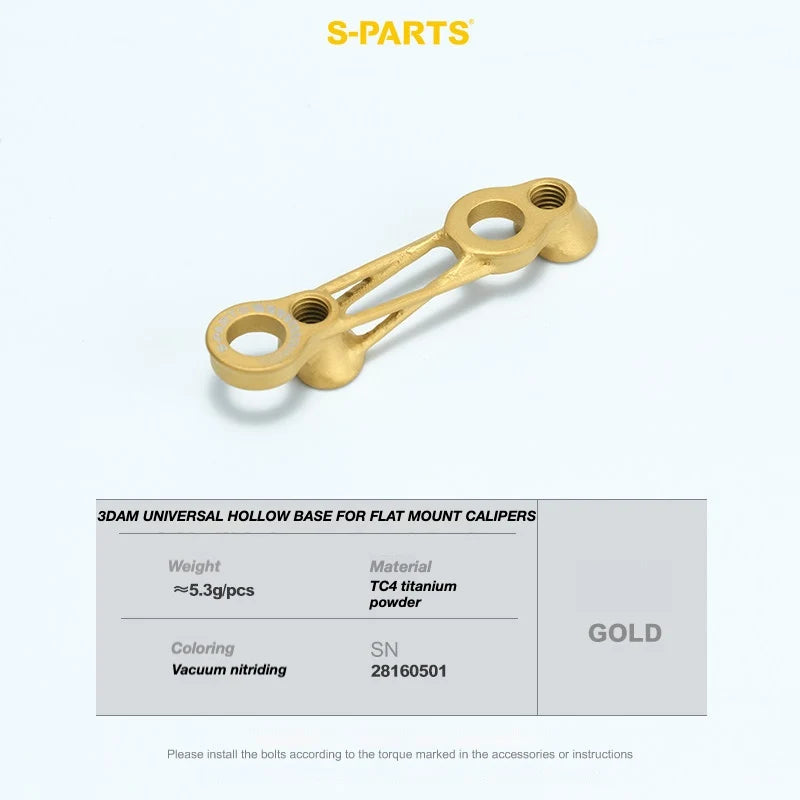 A gold-colored 3DAM universal hollow base for flat mount calipers, made of TC4 titanium powder with vacuum nitriding, shown on a light blue background with product specifications below.