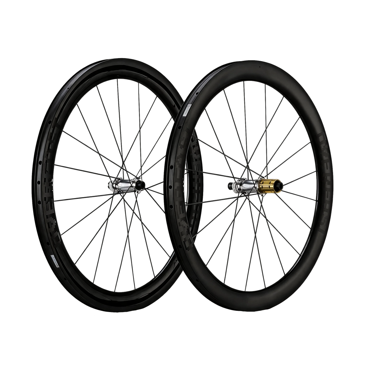 Pair of black bicycle wheels on a white background