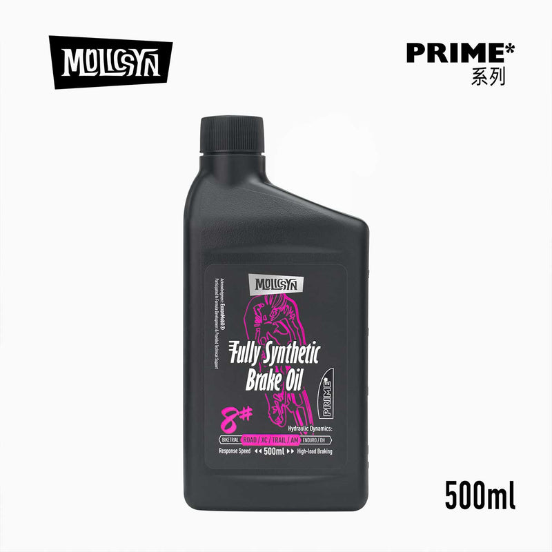 A 500ml bottle of Mollysyn Fully Synthetic Brake Oil 8# on a light gray background, featuring Mollysyn branding and PRIME* series text.