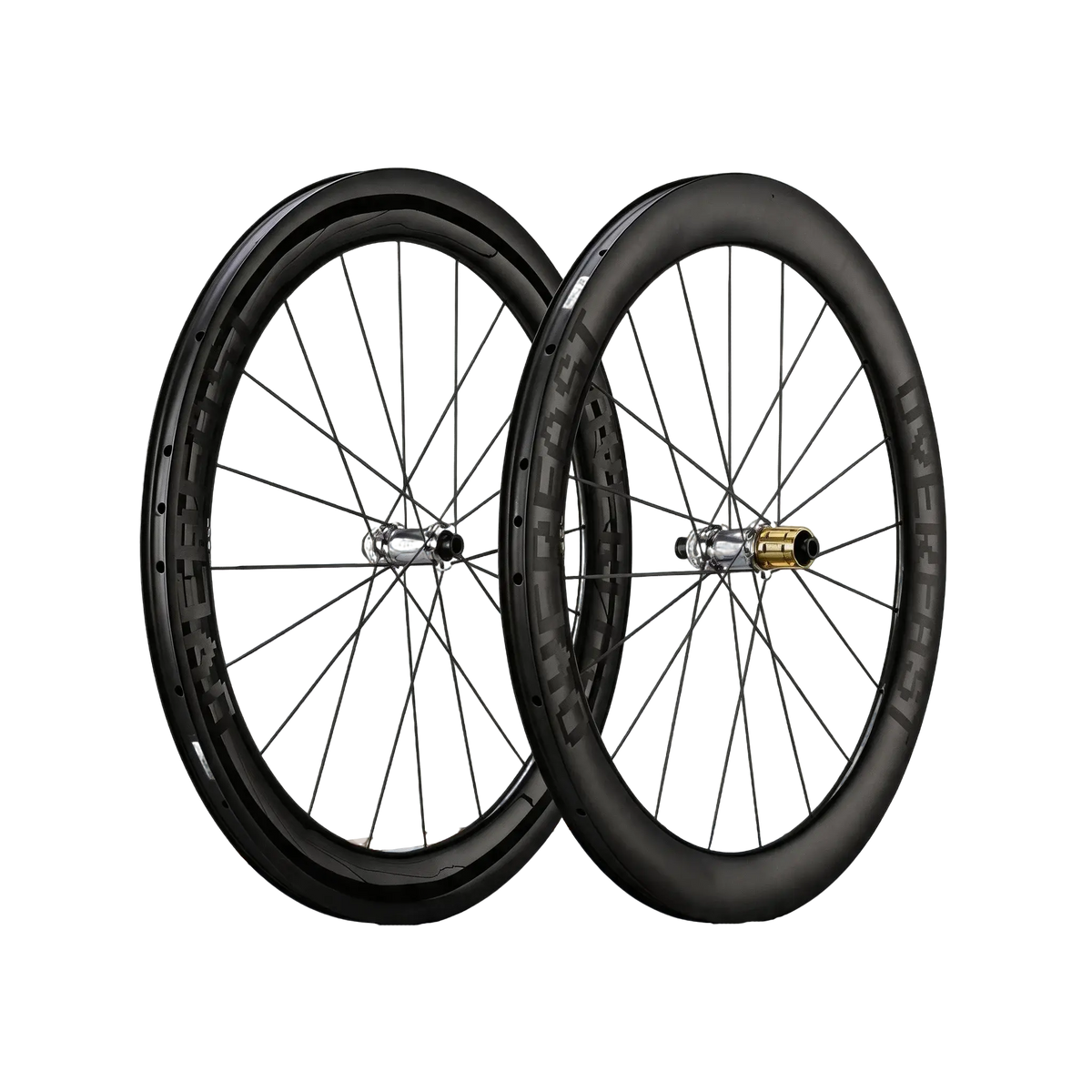Two black bicycle wheels on a white background
