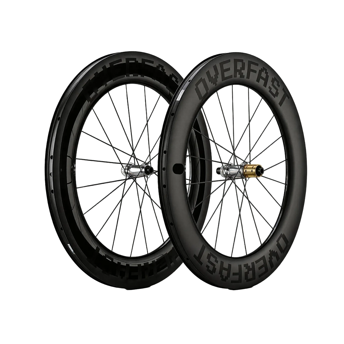 Two black bicycle wheels with 'Overfast' branding on a white background