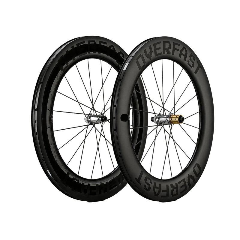 Two black bicycle wheels with 'Overfast' branding on a white background