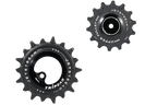 Two black Jetstream bicycle chaintensioner pulleys, one showing the front face with the Tripeak logo and the other showing the side profile, on a solid white background.