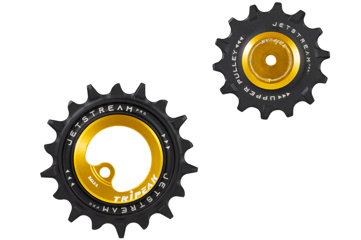 Two bicycle chainrings shown on a plain white background, one larger and one smaller, both in black with bright yellow centers and white branding text.