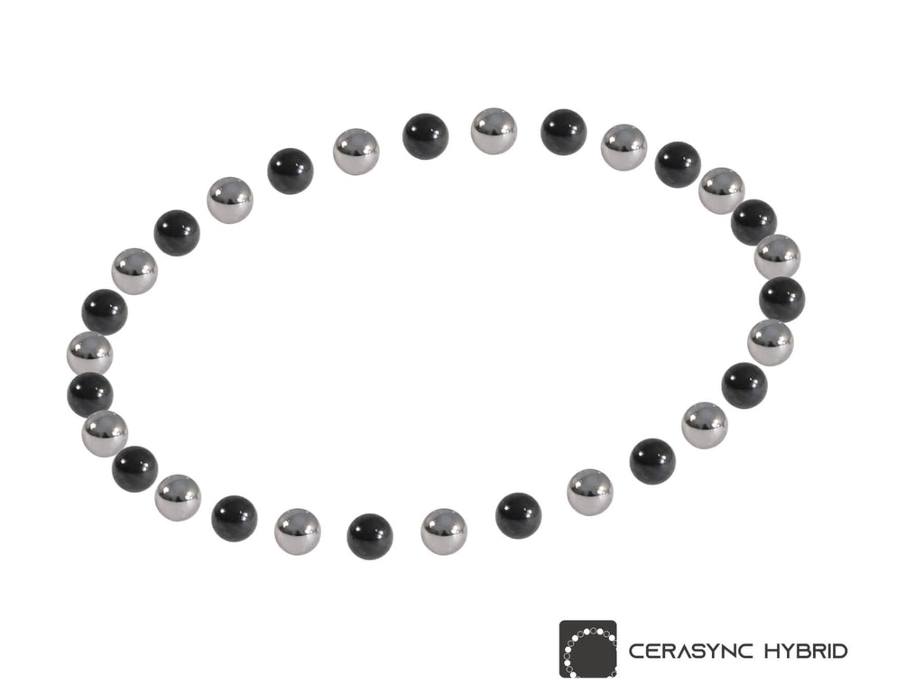 A circular arrangement of glossy black and silver metallic beads on a white background, with a Cerasync Hybrid logo in the bottom right corner.