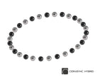 A circular arrangement of glossy black and silver metallic beads on a white background, with a Cerasync Hybrid logo in the bottom right corner.