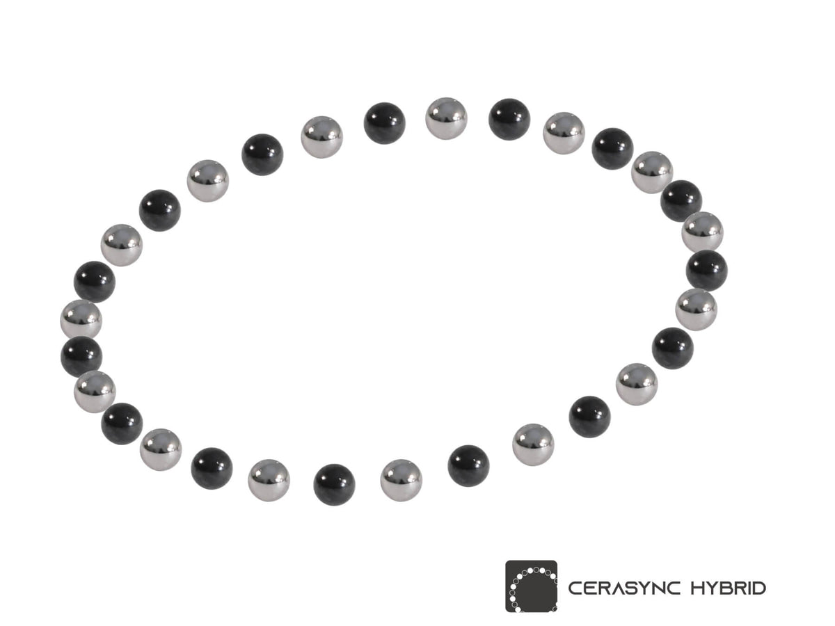A circular arrangement of glossy black and silver metallic beads on a white background, with a Cerasync Hybrid logo in the bottom right corner.