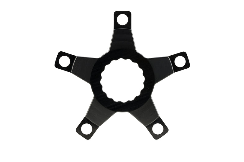 A black metal 5-spoke wheel hub with a splined center bore, isolated on a white background.