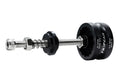 A metal and black mechanical tool with a threaded rod, hex nut, spring, and two circular end pieces, one of which is black and printed with the brand name 'TRIPEAK'.